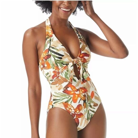 VINCE CAMUTO Printed Plunging Halter One-Piece Swimsuit ivory size 6 New - Picture 6 of 15